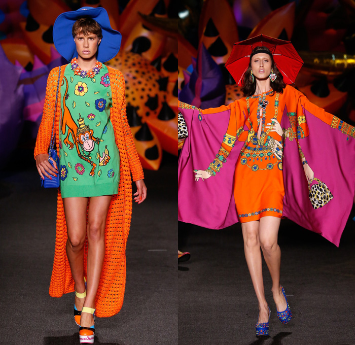 Moschino 2017 Resort Cruise Pre-Spring Womens Runway Catwalk Looks Collection - 1970s Seventies Hippie Tie-Dye Pop Art Animals Flowers Floral Embroidery Embellishments Adornments Bedazzled Jewels Chunky Knit Crochet Weave Boxing Shorts Crop Top Midriff Handbag Pumps Bangles Denim Jeans Cutoffs Boots Floppy Hat Beret Moto Biker Jacket Swimwear Bikini Purse Clutch Ornamental Stripes Tie Up Knot Lace Batwing Dress Leopard Tuxedo Jacket Pantsuit