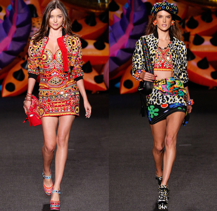 Moschino 2017 Resort Cruise Pre-Spring Womens Runway Catwalk Looks Collection - 1970s Seventies Hippie Tie-Dye Pop Art Animals Flowers Floral Embroidery Embellishments Adornments Bedazzled Jewels Chunky Knit Crochet Weave Boxing Shorts Crop Top Midriff Handbag Pumps Bangles Denim Jeans Cutoffs Boots Floppy Hat Beret Moto Biker Jacket Swimwear Bikini Purse Clutch Ornamental Stripes Tie Up Knot Lace Batwing Dress Leopard Tuxedo Jacket Pantsuit