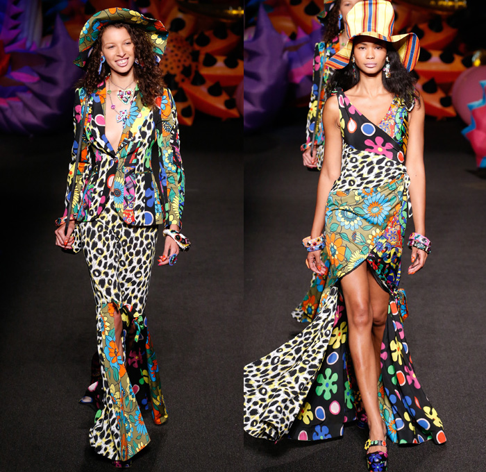 Moschino 2017 Resort Cruise Pre-Spring Womens Runway Catwalk Looks Collection - 1970s Seventies Hippie Tie-Dye Pop Art Animals Flowers Floral Embroidery Embellishments Adornments Bedazzled Jewels Chunky Knit Crochet Weave Boxing Shorts Crop Top Midriff Handbag Pumps Bangles Denim Jeans Cutoffs Boots Floppy Hat Beret Moto Biker Jacket Swimwear Bikini Purse Clutch Ornamental Stripes Tie Up Knot Lace Batwing Dress Leopard Tuxedo Jacket Pantsuit