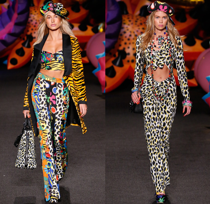 Moschino 2017 Resort Cruise Pre-Spring Womens Runway Catwalk Looks Collection - 1970s Seventies Hippie Tie-Dye Pop Art Animals Flowers Floral Embroidery Embellishments Adornments Bedazzled Jewels Chunky Knit Crochet Weave Boxing Shorts Crop Top Midriff Handbag Pumps Bangles Denim Jeans Cutoffs Boots Floppy Hat Beret Moto Biker Jacket Swimwear Bikini Purse Clutch Ornamental Stripes Tie Up Knot Lace Batwing Dress Leopard Tuxedo Jacket Pantsuit