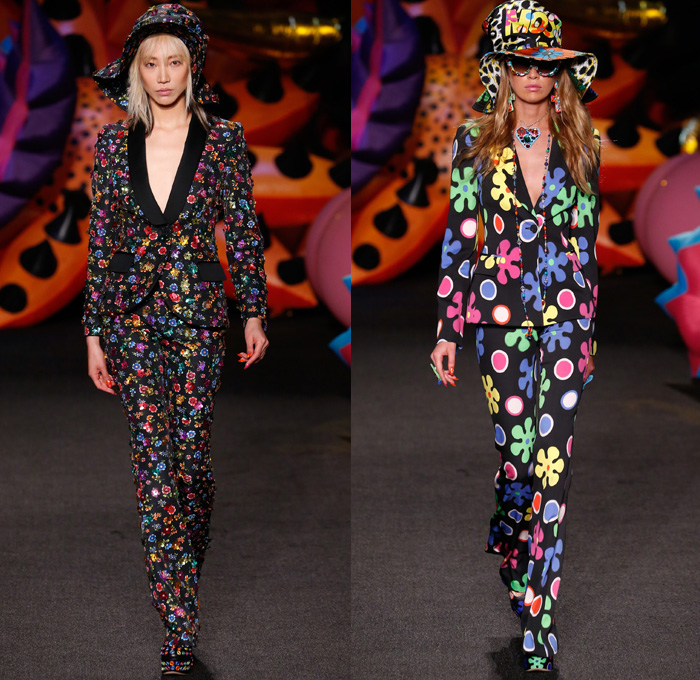 Moschino 2017 Resort Cruise Pre-Spring Womens Runway Catwalk Looks Collection - 1970s Seventies Hippie Tie-Dye Pop Art Animals Flowers Floral Embroidery Embellishments Adornments Bedazzled Jewels Chunky Knit Crochet Weave Boxing Shorts Crop Top Midriff Handbag Pumps Bangles Denim Jeans Cutoffs Boots Floppy Hat Beret Moto Biker Jacket Swimwear Bikini Purse Clutch Ornamental Stripes Tie Up Knot Lace Batwing Dress Leopard Tuxedo Jacket Pantsuit