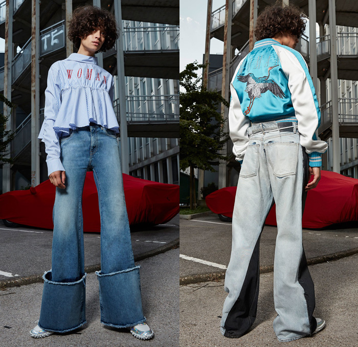 Off-White 2017 Resort Cruise Pre-Spring Womens Lookbook Presentation - Denim Jeans Frayed Raw Hem Flare Bell Bottom Reverse Blouse Crane Bomber Jacket Knitwear Outerwear Trench Coat Roses Embroidery Flowers Floral Botanical Shorts Onesie Jumpsuit Coveralls Camouflage Stripes Accordion Pleats Skirt Frock Sleepwear Pajamas Lounge