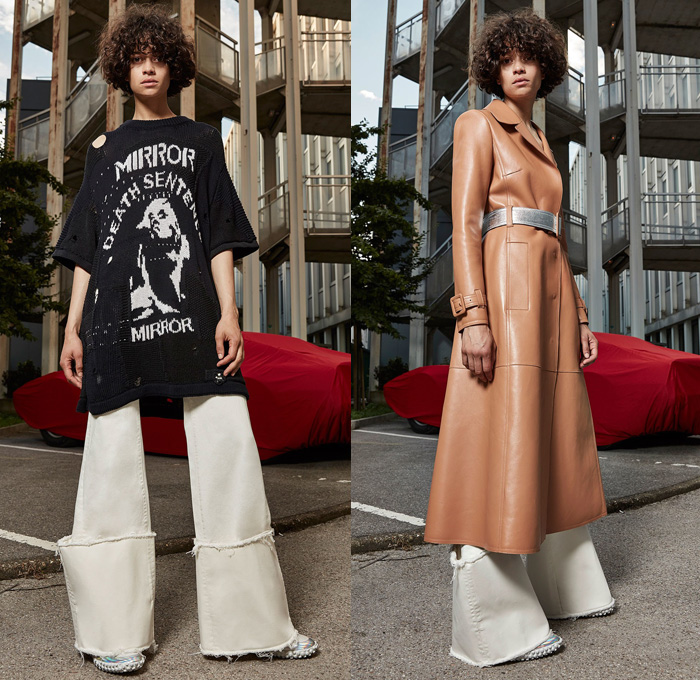 Off-White 2017 Resort Cruise Pre-Spring Womens Lookbook Presentation - Denim Jeans Frayed Raw Hem Flare Bell Bottom Reverse Blouse Crane Bomber Jacket Knitwear Outerwear Trench Coat Roses Embroidery Flowers Floral Botanical Shorts Onesie Jumpsuit Coveralls Camouflage Stripes Accordion Pleats Skirt Frock Sleepwear Pajamas Lounge