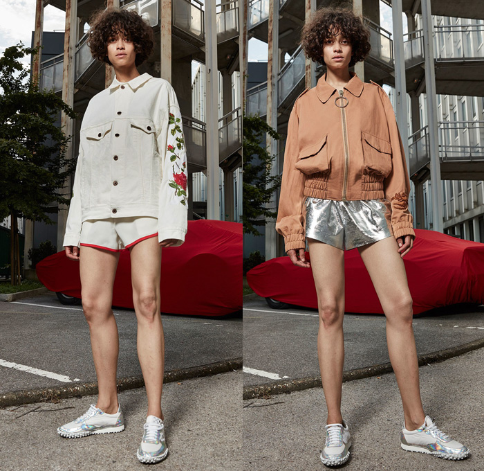 Off-White 2017 Resort Cruise Pre-Spring Womens Lookbook Presentation - Denim Jeans Frayed Raw Hem Flare Bell Bottom Reverse Blouse Crane Bomber Jacket Knitwear Outerwear Trench Coat Roses Embroidery Flowers Floral Botanical Shorts Onesie Jumpsuit Coveralls Camouflage Stripes Accordion Pleats Skirt Frock Sleepwear Pajamas Lounge