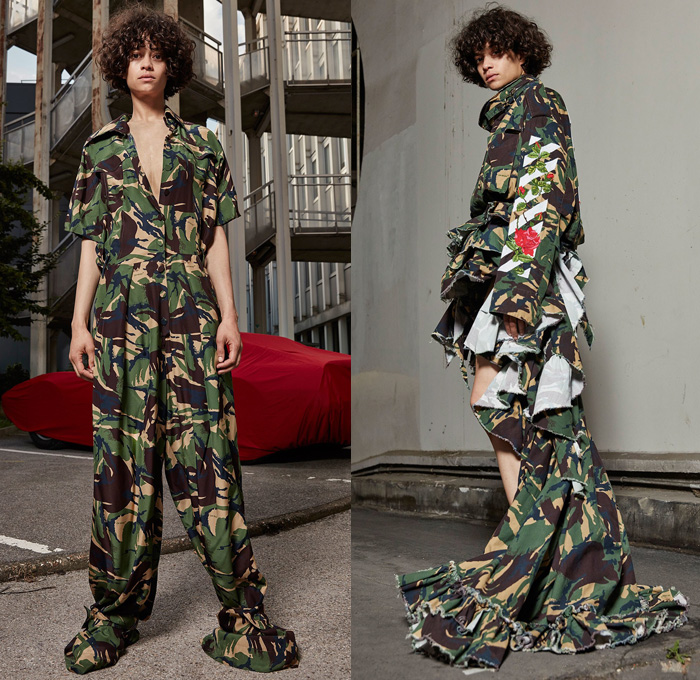 Off-White 2017 Resort Cruise Pre-Spring Womens Lookbook Presentation - Denim Jeans Frayed Raw Hem Flare Bell Bottom Reverse Blouse Crane Bomber Jacket Knitwear Outerwear Trench Coat Roses Embroidery Flowers Floral Botanical Shorts Onesie Jumpsuit Coveralls Camouflage Stripes Accordion Pleats Skirt Frock Sleepwear Pajamas Lounge