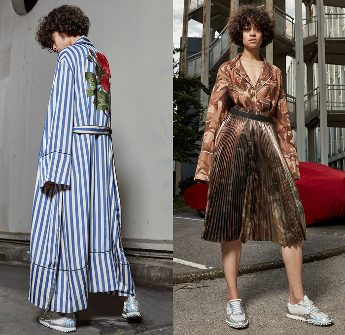 Off-White 2017 Resort Cruise Pre-Spring Womens Lookbook Presentation - Denim Jeans Frayed Raw Hem Flare Bell Bottom Reverse Blouse Crane Bomber Jacket Knitwear Outerwear Trench Coat Roses Embroidery Flowers Floral Botanical Shorts Onesie Jumpsuit Coveralls Camouflage Stripes Accordion Pleats Skirt Frock Sleepwear Pajamas Lounge