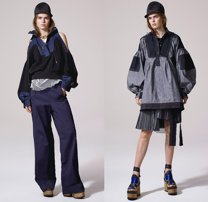 Sacai by Chitose Abe 2017 Resort Cruise Pre-Spring Womens Lookbook Presentation - Afghan Embroidery Mexican Blankets Poncho Cutout Shoulders Outerwear Anorak Bomber Jacket Trenchparka Drawstring Knit Basketweave Crochet Combo Panels Mix Match Wide Leg Wide Leg Trousers Palazzo Pants Culottes Nylon Chain Accordion Pleats Half Skirt Lace Mesh Net Sheer Shirtdress Cargo Pockets Handkerchief Hem Fringes Dress Clogs Boots Serape Riding Helmet