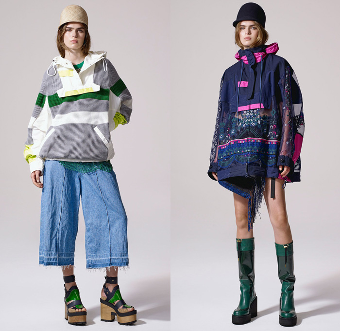 Sacai by Chitose Abe 2017 Resort Cruise Pre-Spring Womens Lookbook Presentation - Afghan Embroidery Mexican Blankets Poncho Cutout Shoulders Outerwear Anorak Bomber Jacket Trenchparka Drawstring Knit Basketweave Crochet Combo Panels Mix Match Wide Leg Wide Leg Trousers Palazzo Pants Culottes Nylon Chain Accordion Pleats Half Skirt Lace Mesh Net Sheer Shirtdress Cargo Pockets Handkerchief Hem Fringes Dress Clogs Boots Serape Riding Helmet