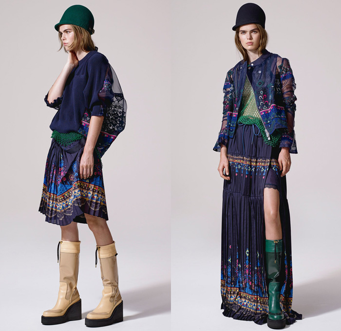 Sacai by Chitose Abe 2017 Resort Cruise Pre-Spring Womens Lookbook Presentation - Afghan Embroidery Mexican Blankets Poncho Cutout Shoulders Outerwear Anorak Bomber Jacket Trenchparka Drawstring Knit Basketweave Crochet Combo Panels Mix Match Wide Leg Wide Leg Trousers Palazzo Pants Culottes Nylon Chain Accordion Pleats Half Skirt Lace Mesh Net Sheer Shirtdress Cargo Pockets Handkerchief Hem Fringes Dress Clogs Boots Serape Riding Helmet