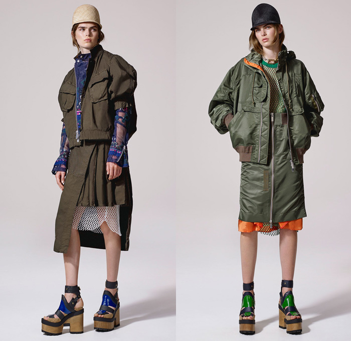 Sacai by Chitose Abe 2017 Resort Cruise Pre-Spring Womens Lookbook Presentation - Afghan Embroidery Mexican Blankets Poncho Cutout Shoulders Outerwear Anorak Bomber Jacket Trenchparka Drawstring Knit Basketweave Crochet Combo Panels Mix Match Wide Leg Wide Leg Trousers Palazzo Pants Culottes Nylon Chain Accordion Pleats Half Skirt Lace Mesh Net Sheer Shirtdress Cargo Pockets Handkerchief Hem Fringes Dress Clogs Boots Serape Riding Helmet