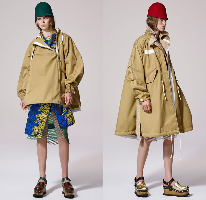 Sacai by Chitose Abe 2017 Resort Cruise Pre-Spring Womens Lookbook Presentation - Afghan Embroidery Mexican Blankets Poncho Cutout Shoulders Outerwear Anorak Bomber Jacket Trenchparka Drawstring Knit Basketweave Crochet Combo Panels Mix Match Wide Leg Wide Leg Trousers Palazzo Pants Culottes Nylon Chain Accordion Pleats Half Skirt Lace Mesh Net Sheer Shirtdress Cargo Pockets Handkerchief Hem Fringes Dress Clogs Boots Serape Riding Helmet