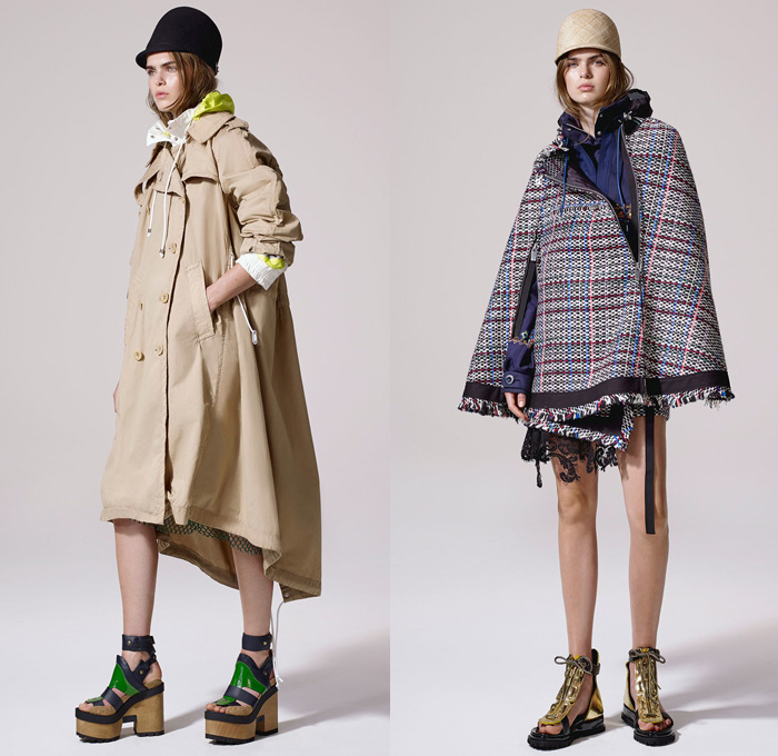 Sacai by Chitose Abe 2017 Resort Cruise Pre-Spring Womens Lookbook Presentation - Afghan Embroidery Mexican Blankets Poncho Cutout Shoulders Outerwear Anorak Bomber Jacket Trenchparka Drawstring Knit Basketweave Crochet Combo Panels Mix Match Wide Leg Wide Leg Trousers Palazzo Pants Culottes Nylon Chain Accordion Pleats Half Skirt Lace Mesh Net Sheer Shirtdress Cargo Pockets Handkerchief Hem Fringes Dress Clogs Boots Serape Riding Helmet