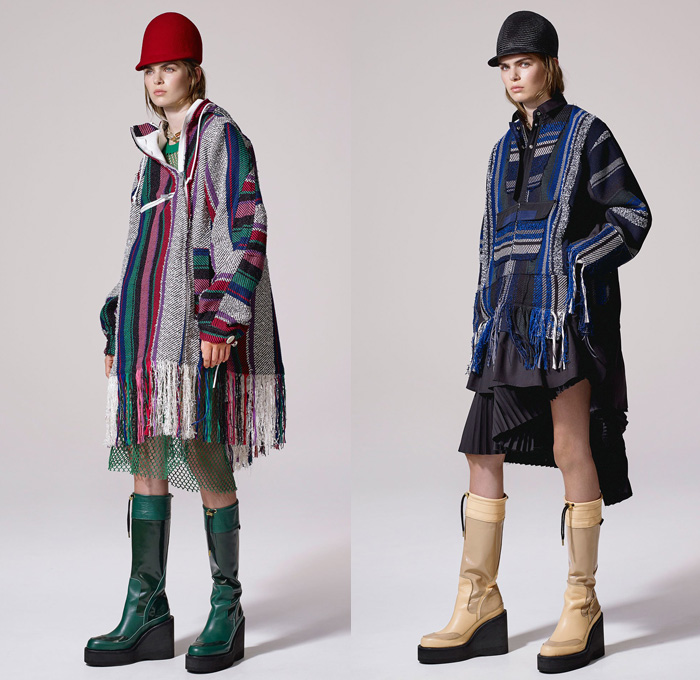 Sacai by Chitose Abe 2017 Resort Cruise Pre-Spring Womens Lookbook Presentation - Afghan Embroidery Mexican Blankets Poncho Cutout Shoulders Outerwear Anorak Bomber Jacket Trenchparka Drawstring Knit Basketweave Crochet Combo Panels Mix Match Wide Leg Wide Leg Trousers Palazzo Pants Culottes Nylon Chain Accordion Pleats Half Skirt Lace Mesh Net Sheer Shirtdress Cargo Pockets Handkerchief Hem Fringes Dress Clogs Boots Serape Riding Helmet