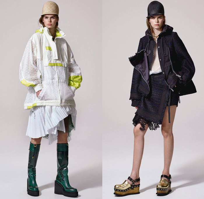 Sacai by Chitose Abe 2017 Resort Cruise Pre-Spring Womens Lookbook Presentation - Afghan Embroidery Mexican Blankets Poncho Cutout Shoulders Outerwear Anorak Bomber Jacket Trenchparka Drawstring Knit Basketweave Crochet Combo Panels Mix Match Wide Leg Wide Leg Trousers Palazzo Pants Culottes Nylon Chain Accordion Pleats Half Skirt Lace Mesh Net Sheer Shirtdress Cargo Pockets Handkerchief Hem Fringes Dress Clogs Boots Serape Riding Helmet