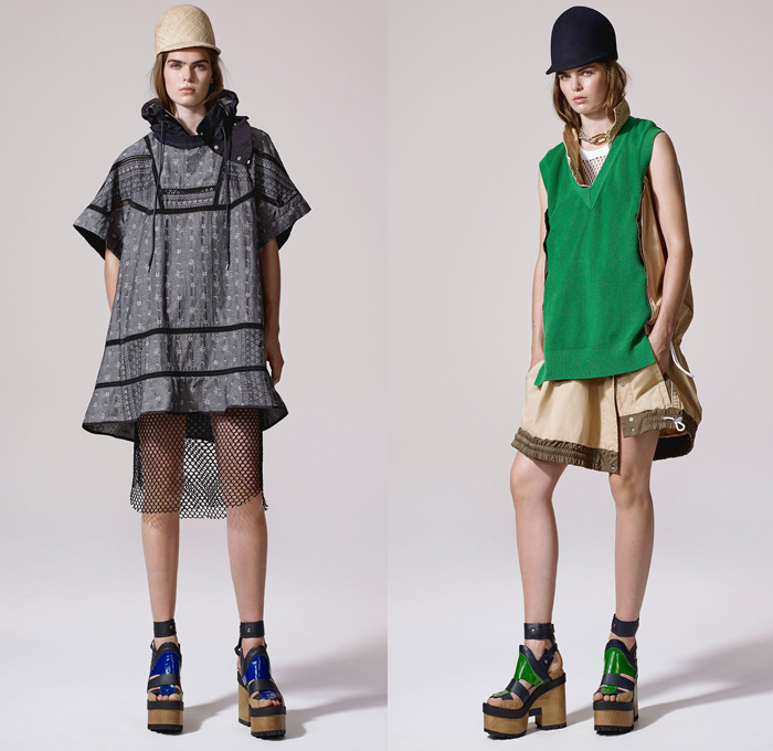 Sacai by Chitose Abe 2017 Resort Cruise Pre-Spring Womens Lookbook Presentation - Afghan Embroidery Mexican Blankets Poncho Cutout Shoulders Outerwear Anorak Bomber Jacket Trenchparka Drawstring Knit Basketweave Crochet Combo Panels Mix Match Wide Leg Wide Leg Trousers Palazzo Pants Culottes Nylon Chain Accordion Pleats Half Skirt Lace Mesh Net Sheer Shirtdress Cargo Pockets Handkerchief Hem Fringes Dress Clogs Boots Serape Riding Helmet