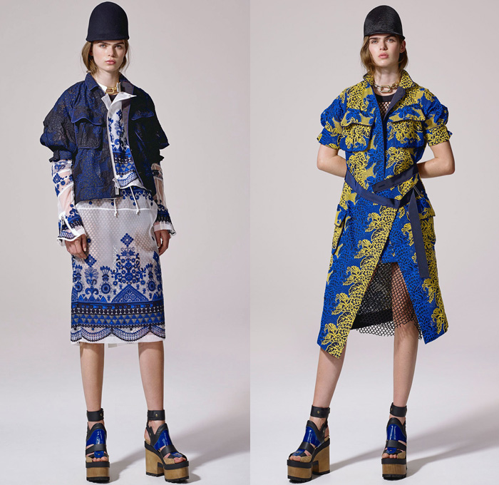 Sacai by Chitose Abe 2017 Resort Cruise Pre-Spring Womens Lookbook Presentation - Afghan Embroidery Mexican Blankets Poncho Cutout Shoulders Outerwear Anorak Bomber Jacket Trenchparka Drawstring Knit Basketweave Crochet Combo Panels Mix Match Wide Leg Wide Leg Trousers Palazzo Pants Culottes Nylon Chain Accordion Pleats Half Skirt Lace Mesh Net Sheer Shirtdress Cargo Pockets Handkerchief Hem Fringes Dress Clogs Boots Serape Riding Helmet