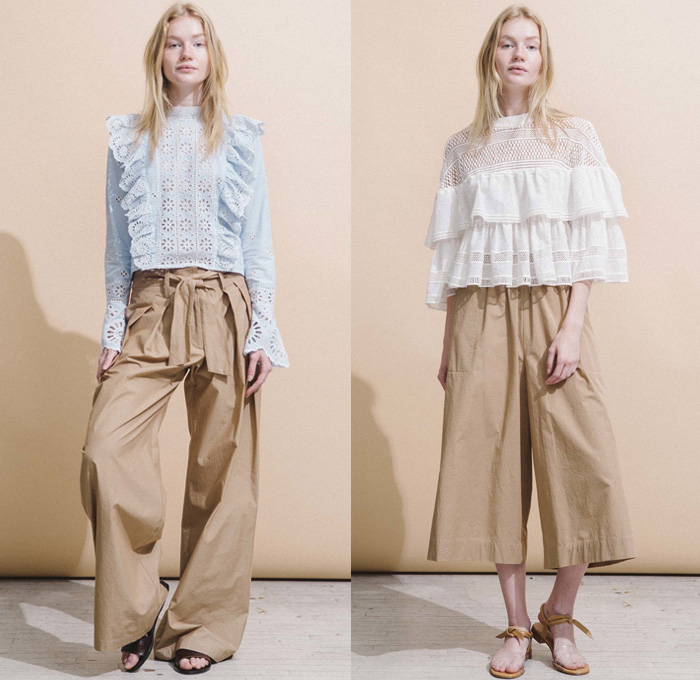Sea New York 2017 Resort Cruise Pre-Spring Womens Lookbook Presentation - Orchid Poplin Victorian Preppy Wrap Tie Up Knot Ribbon Dress Chambray Pseudo Denim Jacket Skirt Sleeveless Lace Wide Leg Trousers Palazzo Pants Culottes Gauchos Roll Up Ruffles Stripes Tiered Check Onesie Jumpsuit Flowers Floral Chunky Knit Turtleneck Strapless Ornamental Frayed Raw Hem Jeans