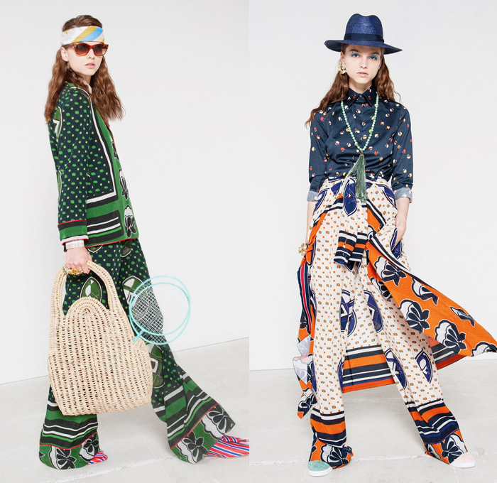 Stella Jean 2017 Resort Cruise Pre-Spring Womens Lookbook Presentation - Denim Jeans Flare Multi-Ethnic The Garden Of The Finzi-Continis African-Inspired Accordion Pleats Poplin Ornamental Print Headscarf Flowers Floral Flare Wide Leg Skirt Frock Blouse Cropped Pants Sleepwear Pajamas Lounge Pantsuit Stripes Blazer Outerwear Coat Plaid Check Citrus Fruits Roosters Animals Dress Silk Satin Strapless Purse Clutch Bag Backpack
