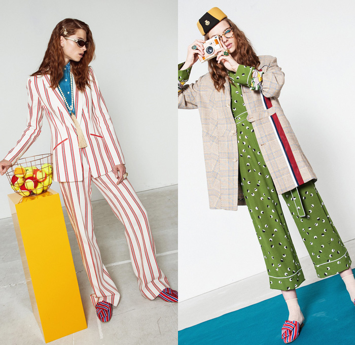 Stella Jean 2017 Resort Cruise Pre-Spring Womens Lookbook Presentation - Denim Jeans Flare Multi-Ethnic The Garden Of The Finzi-Continis African-Inspired Accordion Pleats Poplin Ornamental Print Headscarf Flowers Floral Flare Wide Leg Skirt Frock Blouse Cropped Pants Sleepwear Pajamas Lounge Pantsuit Stripes Blazer Outerwear Coat Plaid Check Citrus Fruits Roosters Animals Dress Silk Satin Strapless Purse Clutch Bag Backpack