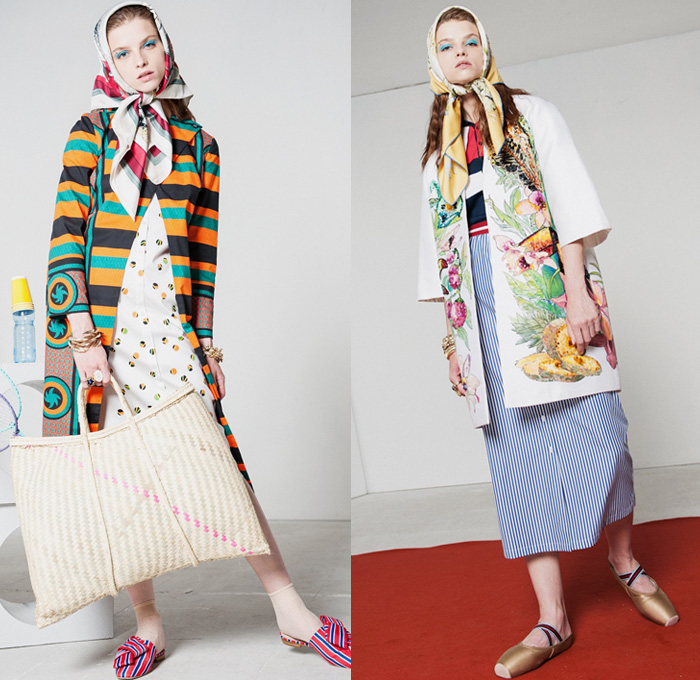 Stella Jean 2017 Resort Cruise Pre-Spring Womens Lookbook Presentation - Denim Jeans Flare Multi-Ethnic The Garden Of The Finzi-Continis African-Inspired Accordion Pleats Poplin Ornamental Print Headscarf Flowers Floral Flare Wide Leg Skirt Frock Blouse Cropped Pants Sleepwear Pajamas Lounge Pantsuit Stripes Blazer Outerwear Coat Plaid Check Citrus Fruits Roosters Animals Dress Silk Satin Strapless Purse Clutch Bag Backpack