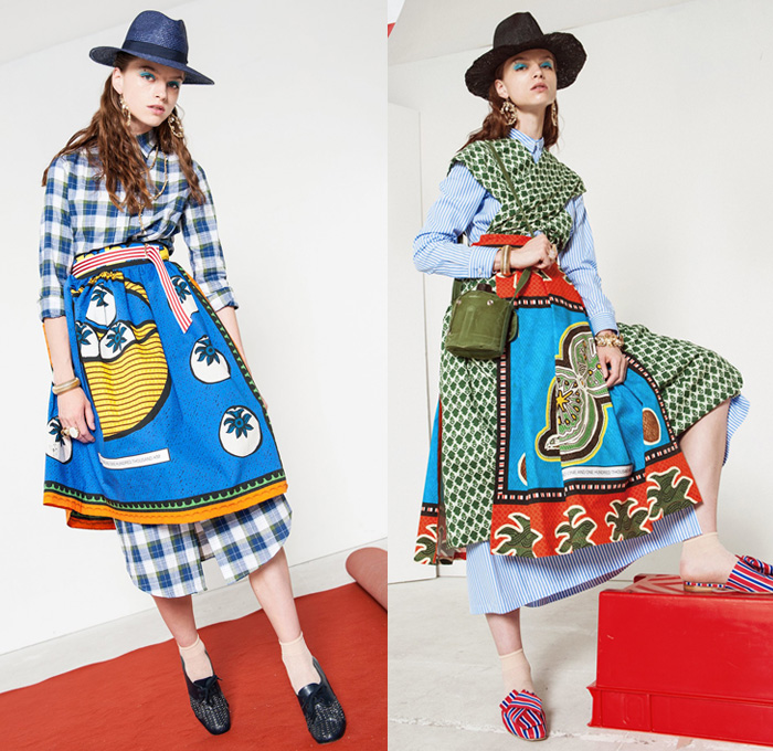 Stella Jean 2017 Resort Cruise Pre-Spring Womens Lookbook Presentation - Denim Jeans Flare Multi-Ethnic The Garden Of The Finzi-Continis African-Inspired Accordion Pleats Poplin Ornamental Print Headscarf Flowers Floral Flare Wide Leg Skirt Frock Blouse Cropped Pants Sleepwear Pajamas Lounge Pantsuit Stripes Blazer Outerwear Coat Plaid Check Citrus Fruits Roosters Animals Dress Silk Satin Strapless Purse Clutch Bag Backpack