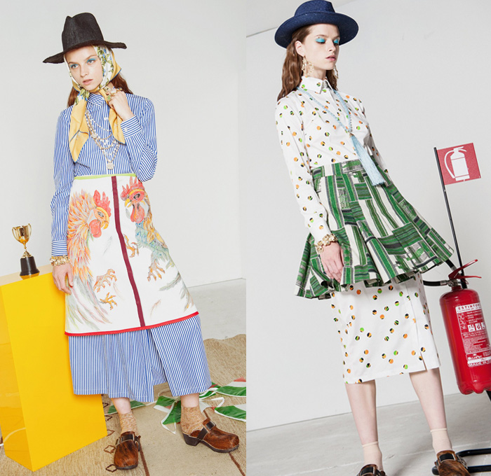 Stella Jean 2017 Resort Cruise Pre-Spring Womens Lookbook Presentation - Denim Jeans Flare Multi-Ethnic The Garden Of The Finzi-Continis African-Inspired Accordion Pleats Poplin Ornamental Print Headscarf Flowers Floral Flare Wide Leg Skirt Frock Blouse Cropped Pants Sleepwear Pajamas Lounge Pantsuit Stripes Blazer Outerwear Coat Plaid Check Citrus Fruits Roosters Animals Dress Silk Satin Strapless Purse Clutch Bag Backpack