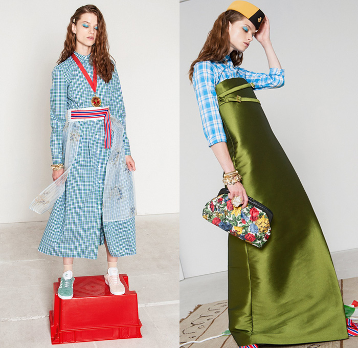 Stella Jean 2017 Resort Cruise Pre-Spring Womens Lookbook Presentation - Denim Jeans Flare Multi-Ethnic The Garden Of The Finzi-Continis African-Inspired Accordion Pleats Poplin Ornamental Print Headscarf Flowers Floral Flare Wide Leg Skirt Frock Blouse Cropped Pants Sleepwear Pajamas Lounge Pantsuit Stripes Blazer Outerwear Coat Plaid Check Citrus Fruits Roosters Animals Dress Silk Satin Strapless Purse Clutch Bag Backpack