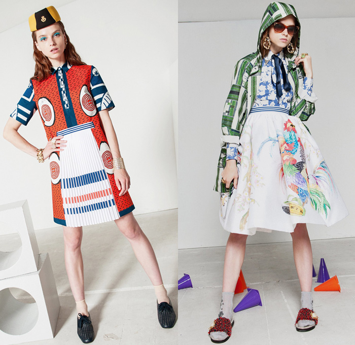Stella Jean 2017 Resort Cruise Pre-Spring Womens Lookbook Presentation - Denim Jeans Flare Multi-Ethnic The Garden Of The Finzi-Continis African-Inspired Accordion Pleats Poplin Ornamental Print Headscarf Flowers Floral Flare Wide Leg Skirt Frock Blouse Cropped Pants Sleepwear Pajamas Lounge Pantsuit Stripes Blazer Outerwear Coat Plaid Check Citrus Fruits Roosters Animals Dress Silk Satin Strapless Purse Clutch Bag Backpack