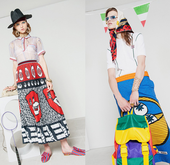 Stella Jean 2017 Resort Cruise Pre-Spring Womens Lookbook Presentation - Denim Jeans Flare Multi-Ethnic The Garden Of The Finzi-Continis African-Inspired Accordion Pleats Poplin Ornamental Print Headscarf Flowers Floral Flare Wide Leg Skirt Frock Blouse Cropped Pants Sleepwear Pajamas Lounge Pantsuit Stripes Blazer Outerwear Coat Plaid Check Citrus Fruits Roosters Animals Dress Silk Satin Strapless Purse Clutch Bag Backpack