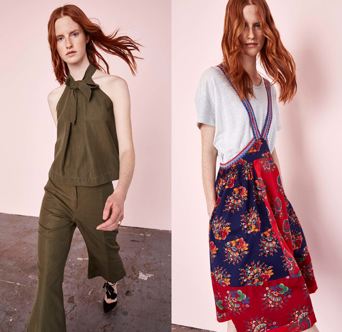 Ulla Johnson 2017 Resort Cruise Pre-Spring Womens Lookbook Presentation - Ombre Denim Jeans Vintage Bohemian Chic Embroidery Pleats Balloon Sleeves Blouse Wide Leg Flare Peasant Dress Flowers Floral Kimono Wrap Robe Onesie Jumpsuit Coveralls Skirt Frock Jacket Sash Waist Halterneck Bow Ribbon Sleeveless Pants Trousers Pinafore Fringes Knit Sweater Crochet Plaid Check