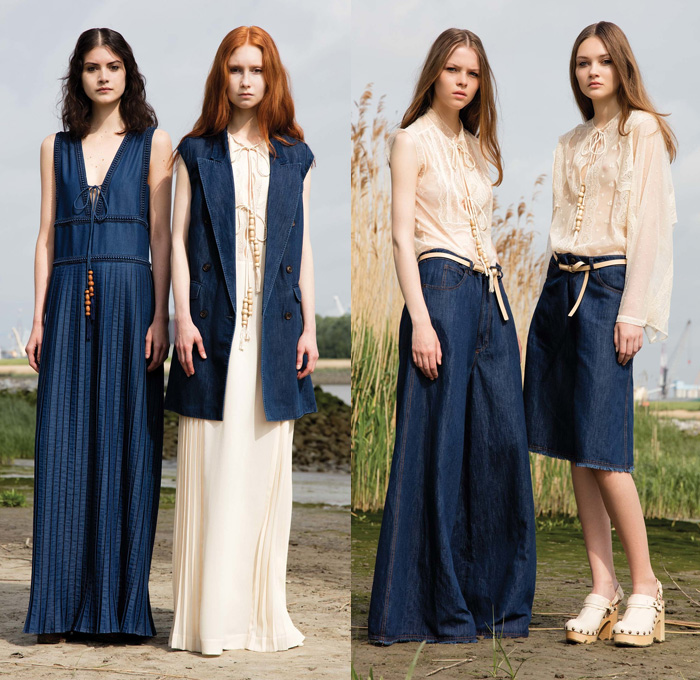 Veronique Branquinho 2017 Resort Cruise Pre-Spring Womens Lookbook Presentation - Duality Modernity Vintage Denim Jeans Austrian Lace Ethnic Djellaba Hoodie Maxi Dress Accordion Pleats Boots Sheer Chiffon Mesh Drawstring V-Neck Vest Waistcoat Sleeveless Beads Blouse Tunic Skirt Frock Frayed Raw Hem Clogs Pants Trousers Shorts Shirtdress Hanging Sleeve Embroidery