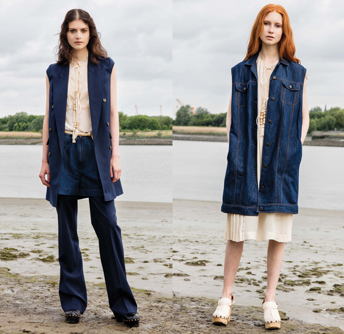 Veronique Branquinho 2017 Resort Cruise Pre-Spring Womens Lookbook Presentation - Duality Modernity Vintage Denim Jeans Austrian Lace Ethnic Djellaba Hoodie Maxi Dress Accordion Pleats Boots Sheer Chiffon Mesh Drawstring V-Neck Vest Waistcoat Sleeveless Beads Blouse Tunic Skirt Frock Frayed Raw Hem Clogs Pants Trousers Shorts Shirtdress Hanging Sleeve Embroidery