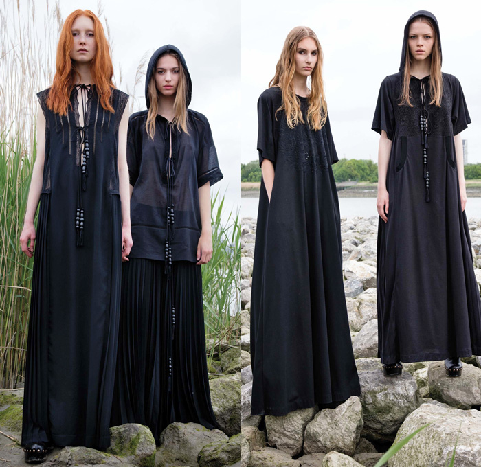 Veronique Branquinho 2017 Resort Cruise Pre-Spring Womens Lookbook Presentation - Duality Modernity Vintage Denim Jeans Austrian Lace Ethnic Djellaba Hoodie Maxi Dress Accordion Pleats Boots Sheer Chiffon Mesh Drawstring V-Neck Vest Waistcoat Sleeveless Beads Blouse Tunic Skirt Frock Frayed Raw Hem Clogs Pants Trousers Shorts Shirtdress Hanging Sleeve Embroidery