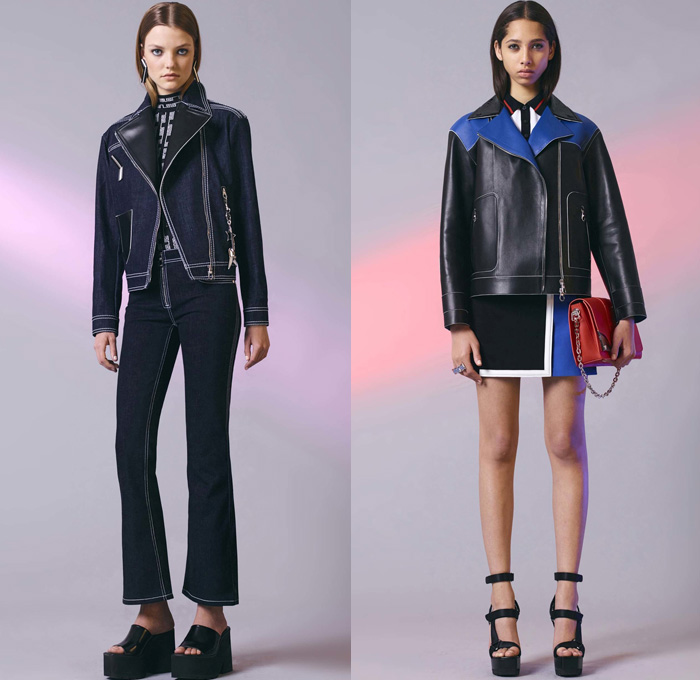 Versace 2017 Resort Cruise Pre-Spring Womens Lookbook Presentation - Contrast Stitching Denim Jeans Motorcycle Biker Leather Bomber Jacket Cropped Pants Platforms Miniskirt Colorblock Outerwear Trench Coat Polka Dots Vest Sleeveless Dress Lattice Embroidery Bedazzled Sheer Perforated Flare Stripes Sweater Jumper Accordion Pleats Halterneck Knit Flowers Floral Wrap Drapery Asymmetrical Hem Handbag Crossbody Backpack