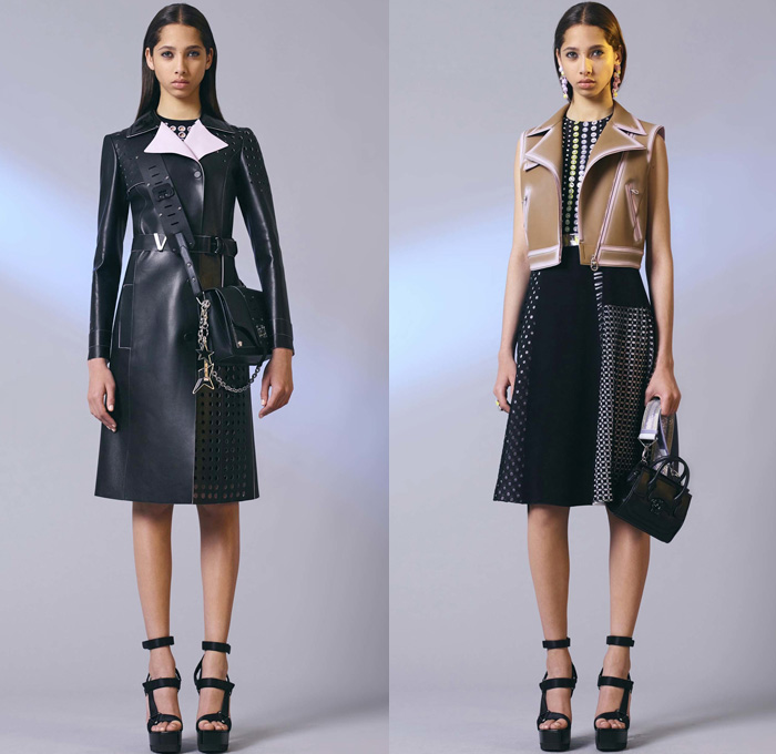 Versace 2017 Resort Cruise Pre-Spring Womens Lookbook Presentation - Contrast Stitching Denim Jeans Motorcycle Biker Leather Bomber Jacket Cropped Pants Platforms Miniskirt Colorblock Outerwear Trench Coat Polka Dots Vest Sleeveless Dress Lattice Embroidery Bedazzled Sheer Perforated Flare Stripes Sweater Jumper Accordion Pleats Halterneck Knit Flowers Floral Wrap Drapery Asymmetrical Hem Handbag Crossbody Backpack