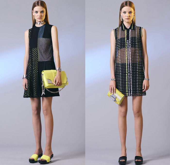 Versace 2017 Resort Cruise Pre-Spring Womens Lookbook Presentation - Contrast Stitching Denim Jeans Motorcycle Biker Leather Bomber Jacket Cropped Pants Platforms Miniskirt Colorblock Outerwear Trench Coat Polka Dots Vest Sleeveless Dress Lattice Embroidery Bedazzled Sheer Perforated Flare Stripes Sweater Jumper Accordion Pleats Halterneck Knit Flowers Floral Wrap Drapery Asymmetrical Hem Handbag Crossbody Backpack