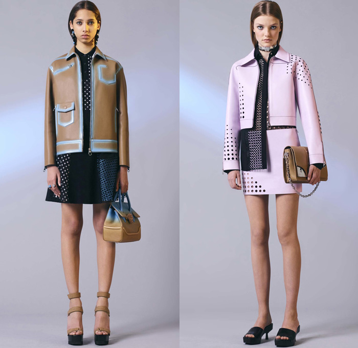 Versace 2017 Resort Cruise Pre-Spring Womens Lookbook Presentation - Contrast Stitching Denim Jeans Motorcycle Biker Leather Bomber Jacket Cropped Pants Platforms Miniskirt Colorblock Outerwear Trench Coat Polka Dots Vest Sleeveless Dress Lattice Embroidery Bedazzled Sheer Perforated Flare Stripes Sweater Jumper Accordion Pleats Halterneck Knit Flowers Floral Wrap Drapery Asymmetrical Hem Handbag Crossbody Backpack