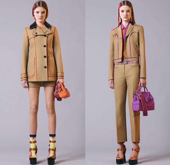 Versace 2017 Resort Cruise Pre-Spring Womens Lookbook Presentation - Contrast Stitching Denim Jeans Motorcycle Biker Leather Bomber Jacket Cropped Pants Platforms Miniskirt Colorblock Outerwear Trench Coat Polka Dots Vest Sleeveless Dress Lattice Embroidery Bedazzled Sheer Perforated Flare Stripes Sweater Jumper Accordion Pleats Halterneck Knit Flowers Floral Wrap Drapery Asymmetrical Hem Handbag Crossbody Backpack