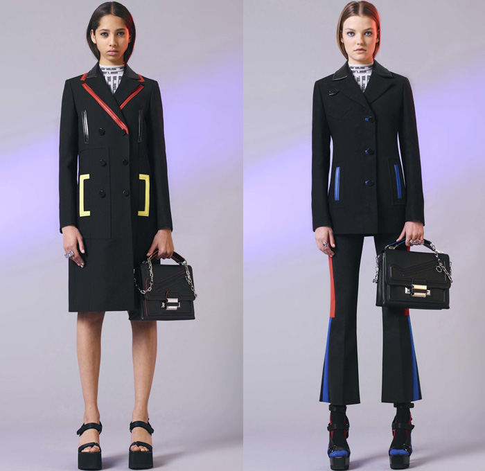 Versace 2017 Resort Cruise Pre-Spring Womens Lookbook Presentation - Contrast Stitching Denim Jeans Motorcycle Biker Leather Bomber Jacket Cropped Pants Platforms Miniskirt Colorblock Outerwear Trench Coat Polka Dots Vest Sleeveless Dress Lattice Embroidery Bedazzled Sheer Perforated Flare Stripes Sweater Jumper Accordion Pleats Halterneck Knit Flowers Floral Wrap Drapery Asymmetrical Hem Handbag Crossbody Backpack