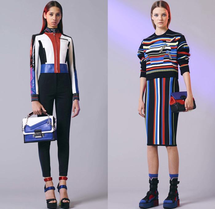 Versace 2017 Resort Cruise Pre-Spring Womens Lookbook Presentation - Contrast Stitching Denim Jeans Motorcycle Biker Leather Bomber Jacket Cropped Pants Platforms Miniskirt Colorblock Outerwear Trench Coat Polka Dots Vest Sleeveless Dress Lattice Embroidery Bedazzled Sheer Perforated Flare Stripes Sweater Jumper Accordion Pleats Halterneck Knit Flowers Floral Wrap Drapery Asymmetrical Hem Handbag Crossbody Backpack