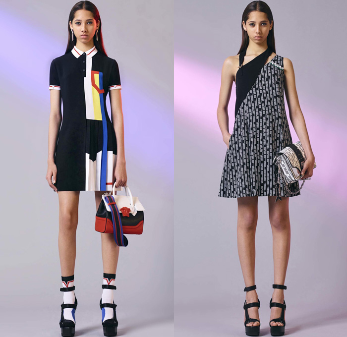 Versace 2017 Resort Cruise Pre-Spring Womens Lookbook Presentation - Contrast Stitching Denim Jeans Motorcycle Biker Leather Bomber Jacket Cropped Pants Platforms Miniskirt Colorblock Outerwear Trench Coat Polka Dots Vest Sleeveless Dress Lattice Embroidery Bedazzled Sheer Perforated Flare Stripes Sweater Jumper Accordion Pleats Halterneck Knit Flowers Floral Wrap Drapery Asymmetrical Hem Handbag Crossbody Backpack