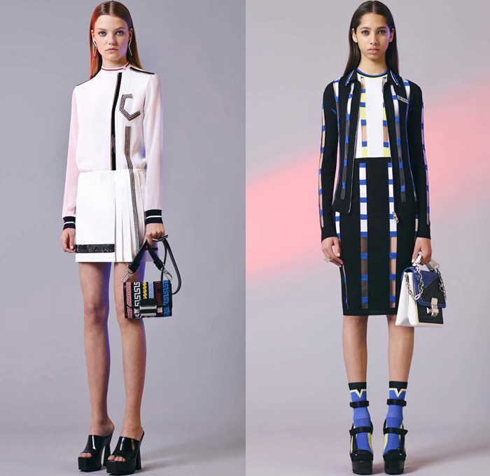 Versace 2017 Resort Cruise Pre-Spring Womens Lookbook Presentation - Contrast Stitching Denim Jeans Motorcycle Biker Leather Bomber Jacket Cropped Pants Platforms Miniskirt Colorblock Outerwear Trench Coat Polka Dots Vest Sleeveless Dress Lattice Embroidery Bedazzled Sheer Perforated Flare Stripes Sweater Jumper Accordion Pleats Halterneck Knit Flowers Floral Wrap Drapery Asymmetrical Hem Handbag Crossbody Backpack