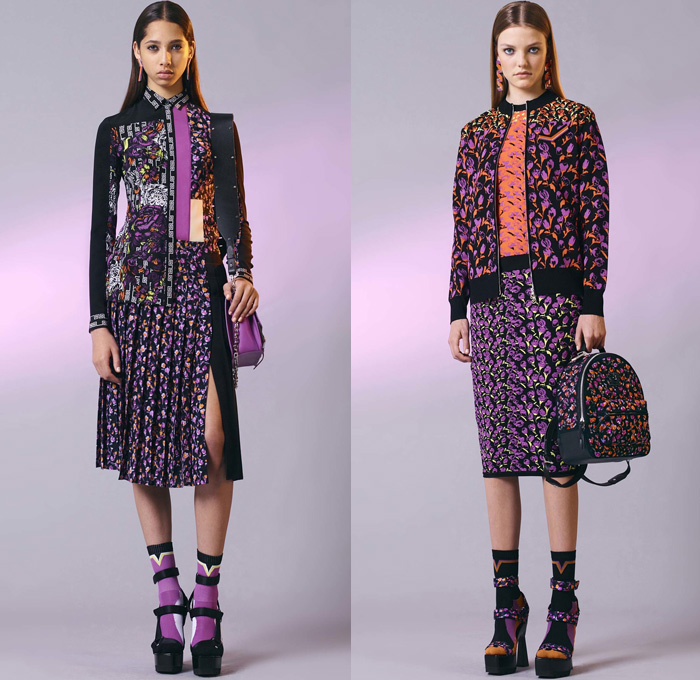 Versace 2017 Resort Cruise Pre-Spring Womens Lookbook Presentation - Contrast Stitching Denim Jeans Motorcycle Biker Leather Bomber Jacket Cropped Pants Platforms Miniskirt Colorblock Outerwear Trench Coat Polka Dots Vest Sleeveless Dress Lattice Embroidery Bedazzled Sheer Perforated Flare Stripes Sweater Jumper Accordion Pleats Halterneck Knit Flowers Floral Wrap Drapery Asymmetrical Hem Handbag Crossbody Backpack