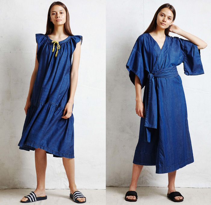 Warm NY 2017 Resort Cruise Pre-Spring Womens Lookbook Presentation - Lightweight Denim Jeans Maxi Slip Pinafore Dress Robe Kimono Wrap Blouse Sash Waist Drawstring Ruffles Tiered Flounce Sandals Flowers Floral Ornamental Pattern Motif Sleepwear Pajamas Lounge Chevron Stripes Silk Satin Cropped Wide Leg Trousers Palazzo Pants Pussycat Bow Ribbon