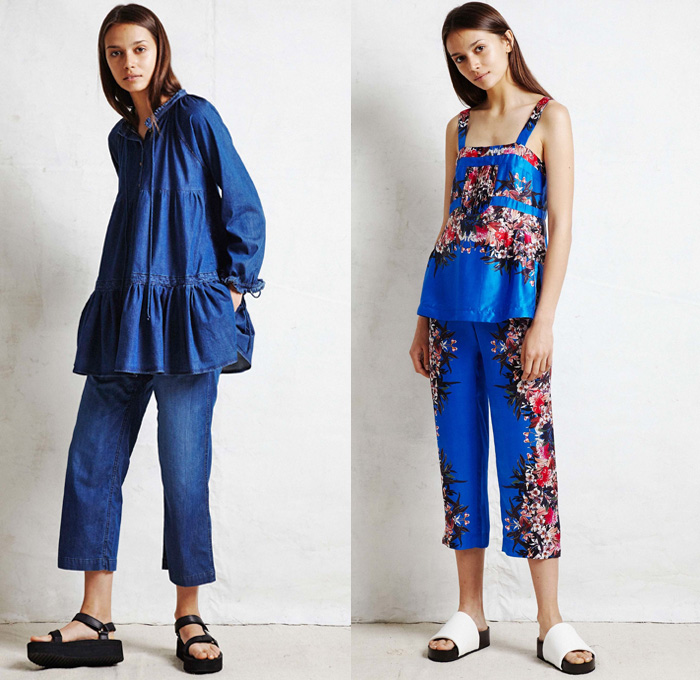 Warm NY 2017 Resort Cruise Pre-Spring Womens Lookbook Presentation - Lightweight Denim Jeans Maxi Slip Pinafore Dress Robe Kimono Wrap Blouse Sash Waist Drawstring Ruffles Tiered Flounce Sandals Flowers Floral Ornamental Pattern Motif Sleepwear Pajamas Lounge Chevron Stripes Silk Satin Cropped Wide Leg Trousers Palazzo Pants Pussycat Bow Ribbon