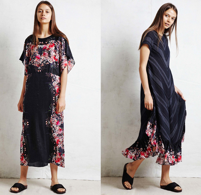 Warm NY 2017 Resort Cruise Pre-Spring Womens Lookbook Presentation - Lightweight Denim Jeans Maxi Slip Pinafore Dress Robe Kimono Wrap Blouse Sash Waist Drawstring Ruffles Tiered Flounce Sandals Flowers Floral Ornamental Pattern Motif Sleepwear Pajamas Lounge Chevron Stripes Silk Satin Cropped Wide Leg Trousers Palazzo Pants Pussycat Bow Ribbon