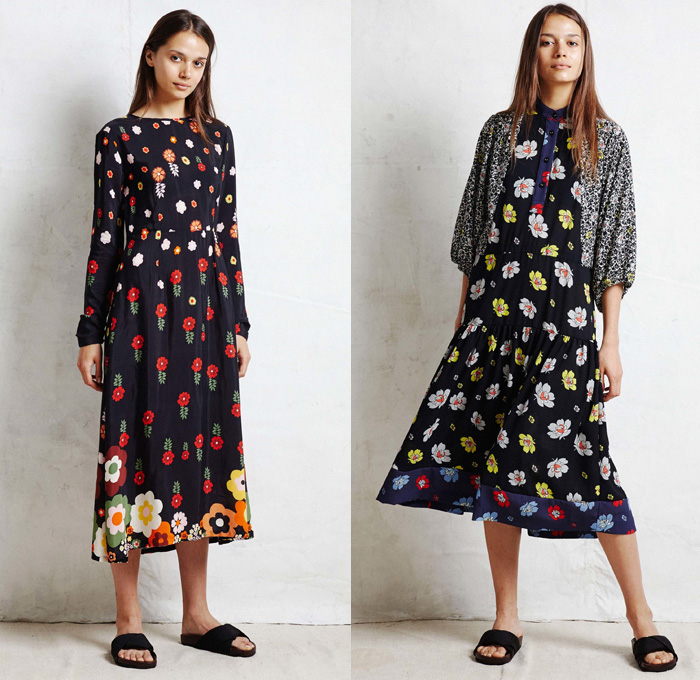 Warm NY 2017 Resort Cruise Pre-Spring Womens Lookbook Presentation - Lightweight Denim Jeans Maxi Slip Pinafore Dress Robe Kimono Wrap Blouse Sash Waist Drawstring Ruffles Tiered Flounce Sandals Flowers Floral Ornamental Pattern Motif Sleepwear Pajamas Lounge Chevron Stripes Silk Satin Cropped Wide Leg Trousers Palazzo Pants Pussycat Bow Ribbon