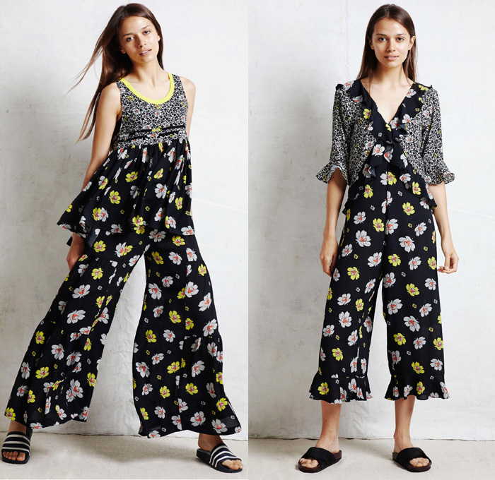 Warm NY 2017 Resort Cruise Pre-Spring Womens Lookbook Presentation - Lightweight Denim Jeans Maxi Slip Pinafore Dress Robe Kimono Wrap Blouse Sash Waist Drawstring Ruffles Tiered Flounce Sandals Flowers Floral Ornamental Pattern Motif Sleepwear Pajamas Lounge Chevron Stripes Silk Satin Cropped Wide Leg Trousers Palazzo Pants Pussycat Bow Ribbon