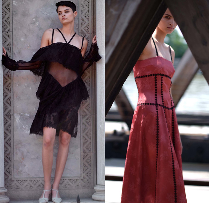Wes Gordon 2017 Resort Cruise Pre-Spring Womens Lookbook Presentation - Pseudo Denim Jeans Wool Viscose Wide Leg Trousers Palazzo Pants Knitwear Outerwear Coat Contrast Stitching Jacket Blazer Lace Mesh Fringes Blouse Ruffles Noodle Spaghetti Strap Dress Check Ornamental