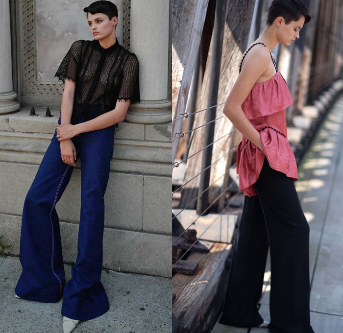 Wes Gordon 2017 Resort Cruise Pre-Spring Womens Lookbook Presentation - Pseudo Denim Jeans Wool Viscose Wide Leg Trousers Palazzo Pants Knitwear Outerwear Coat Contrast Stitching Jacket Blazer Lace Mesh Fringes Blouse Ruffles Noodle Spaghetti Strap Dress Check Ornamental